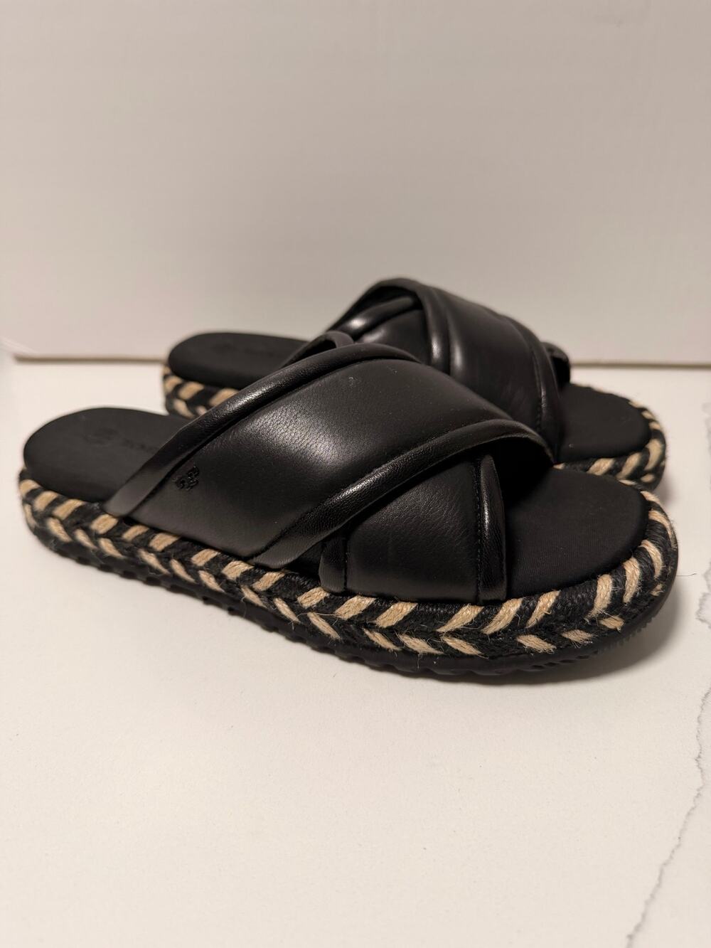 Tory Burch Black Leather Crisscross Espadrille Slide Sandals Size 6.5 - EUC